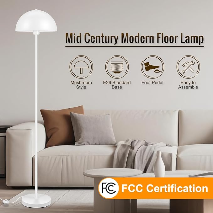 Modern Floor Lamps for Living Room, White Metal Mushroom Lamp, 66" Tall Corner Lamp, Footswitch, Bright Industrial Standing Lamps for Bedroom Nursery, Mid Century Modern Home Decor(E26 Base, NO BULB)