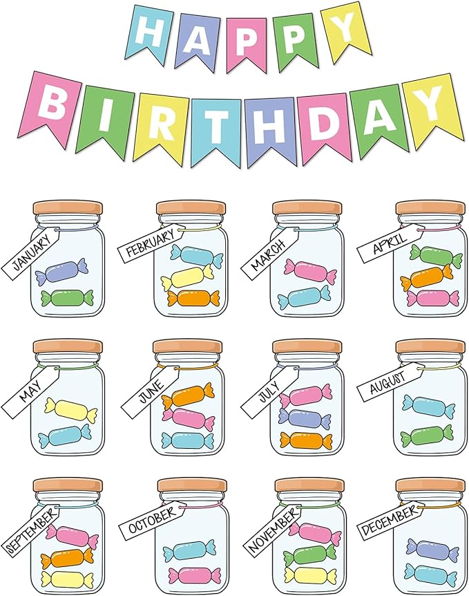 JarThenaAMCS 85Pcs Happy Birthday Bulletin Board Set Colorful Candy Calendar Poster Classroom Birthday Chart for Back to School Decorations