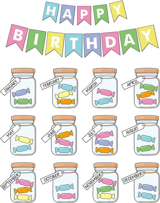JarThenaAMCS 85Pcs Happy Birthday Bulletin Board Set Colorful Candy Calendar Poster Classroom Birthday Chart for Back to School Decorations