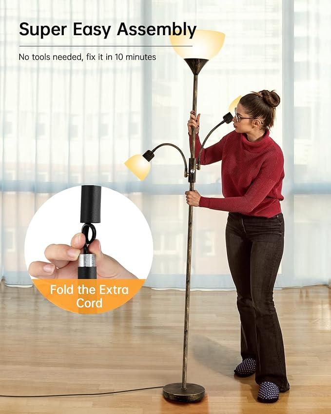 Floor Lamp, Torchiere Floor Lamps for Living Room, 71 Inch Tall Standing Lamp, Bedroom Lamps with Reading Light, Rotary Switch, 3 Plastic Lampshade, Torch Floor lamps for Bedroom (Bronze, No Bulb)