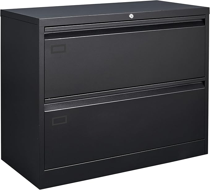 2 Drawer Filing Cabinet, Black Lateral File Cabinet with Lock, Lockable Metal File Cabinet for Home Office, Office File Cabinets for Legal/Letter/A4/F4 Size with Hanging Files&Key (Black(2 Drawer))