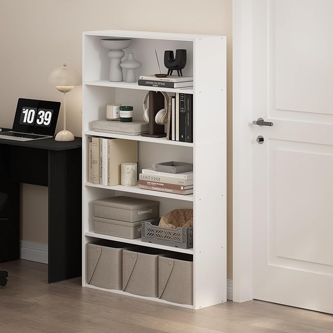 Furinno PASIR Book Shelf, 5-Tier Bookshelf, Bookcase with Open Shelf, 9.4 x 31.5 x 52.7, for Living Room, Bedroom, Home Office, White