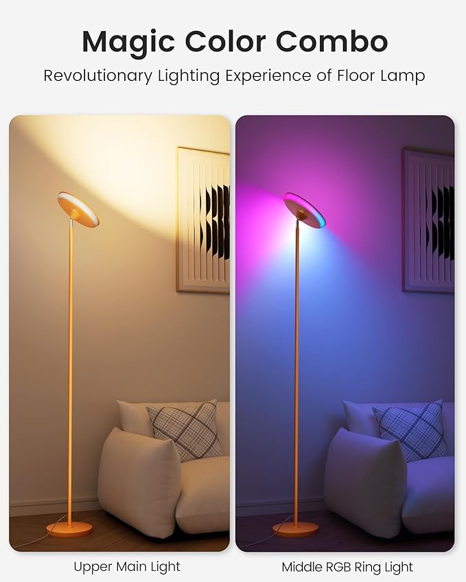 UFO LED Torchiere Floor Lamp with RGB Ambient Light, 42W 3700LM Bright Dimmable Sky Lamp,71in Modern Tall Standing Lamp with Remote Touch Control&Timer, Living Room Bedroom Office Gaming Room,Orange