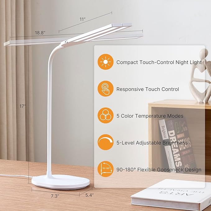 G Keni LED Desk Lamp with 180° Foldable Shade, 2400 Lux Bright Adjustable Desk Lamp, 360° Gooseneck, 5 Color Modes Stepless Dimming, Auto Off Timer, Modern Office Desk Lamp for Home Study Workbench