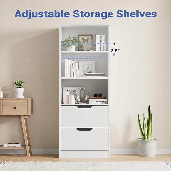 Bookcase with 2 Drawers, 63" 3-Tier Bookshelf with Storage, 3 Shelf Bookcase with Adjustable Shelf, Modern Bookshelf, Open Shelves Bookshelf for Study, Bedroom & Home Office, White