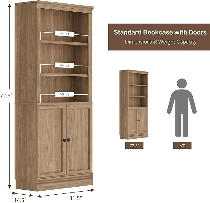 JAHRSTIM Halston Standard with Doors Bookshelves and Bookcase Floor Standing 5 Tier Adjustable Shelves Organizer and Storage, 72in Tall Bookshelf for Home Office, Living Room, Bed Room, Kitchen, Oak