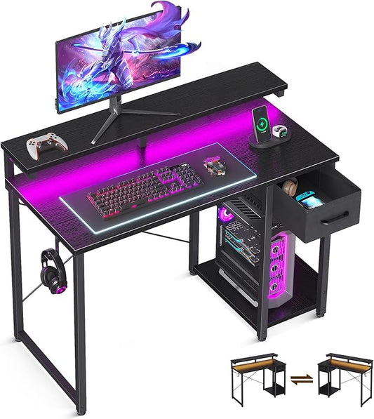 AODK Gaming Desk with LED Lights, 40 Inch Computer Desk with Drawers, Reversible Small Desk with Monitor Stand & Headphone Hook for Home Bedroom, Black