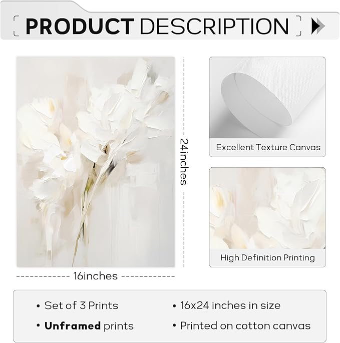 Neutral Wall Art Abstract Floral Canvas Pictures Beige Flower Wall Decor Modern Painting Minimalist Poster Abstract Botanical Prints White Artwork for Bedroom Living Room 16x24 Inch Unframed Set of 3