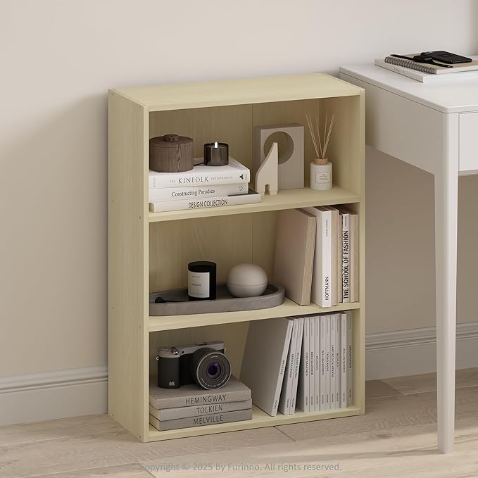 Furinno Simple Book Shelf, 3-Tier Bookshelf, Storage Shelves Bookcase, 9.7 x 23.7 x 31.5, for Living Room, Bedroom, Home Office, Steam Beech