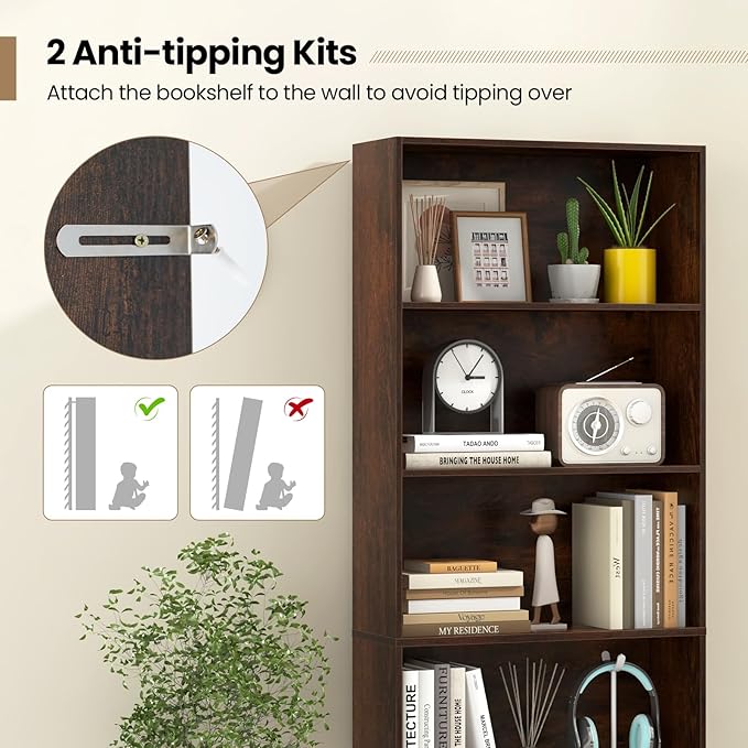 Giantex 6-Tier Bookcase, 70" Tall Wooden Bookshelf, Freestanding Storage Organizer w/Open Shelves, Anti-Tipping Kits, Modern Floor Standing Display Shelves for Living Room, Bedroom (1,Rustic Brown)