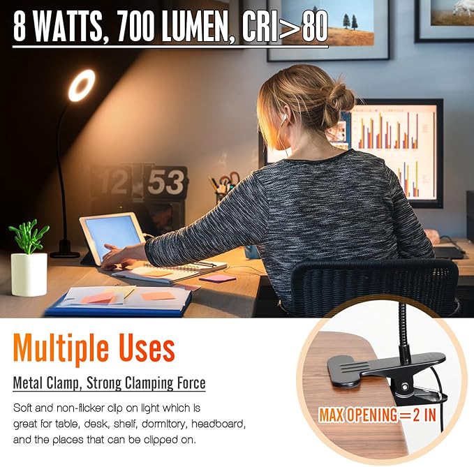 Clamp on Lamp, Desk Lamps, 8W Clip Light, Warm & Daylight & White Light 3 Colors, 10 Dimmable Illumination Modes (2 Pack)