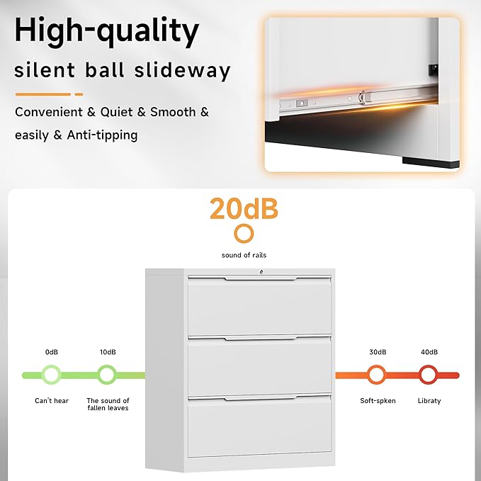 Bestoo 3-Drawer Lateral File Cabinet with Lock, Metal Filing Cabinet for Home Office,3 Lateral Filing Storage Cabinets, Fits File Folders, Letter/Legal/F4/A4 Size, Assembly Required (White)