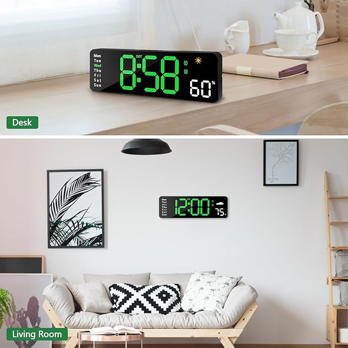 Digital Wall Clock with Remote Control, Large Display Plug in LED Digital Alarm Clocks with 12/24Hr, Date, Week, DST, Timing, Countdown, Temperature for Living Room, Bedroom, Office Wall Decor (Green)