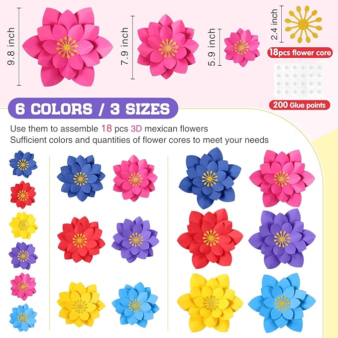 18 Pcs Paper Flowers Decor for Wall DIY Flower Bulletin Board 3D Spring Fiesta Mexican Paper Floral Decoration for Photo Backdrop Classroom Back to School Party(Lotus-Shaped,Dark)