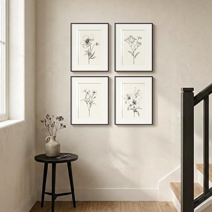 Framed Vintage Botanical Wall Art Set, 4 Piece Minimalist Black and White Floral Prints Artwork for Walls, Neutral Flower Pictures for Modern Farmhouse Bedroom Living Room Bathroom Wall Decor, 12x16