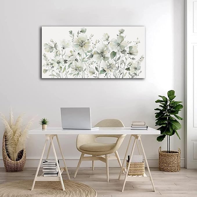 Elegant Flowers Wall Art Abstract Floral Pictures Wall Decor Modern Green Botanical Canvas Painting Flower Blossom Canvas Print Artwork for Living Room Bedroom Office Home Wall Decoration 20" x 40"
