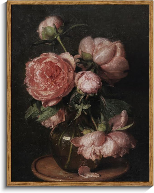 InSimSea Framed Canvas Prints Art Vintage Decor, Botanical Wall Art Prints, Peony Flower Paintings, Flower Pictures Wall Decor for Bedroom Farmhouse Bathroom, 11"x14"