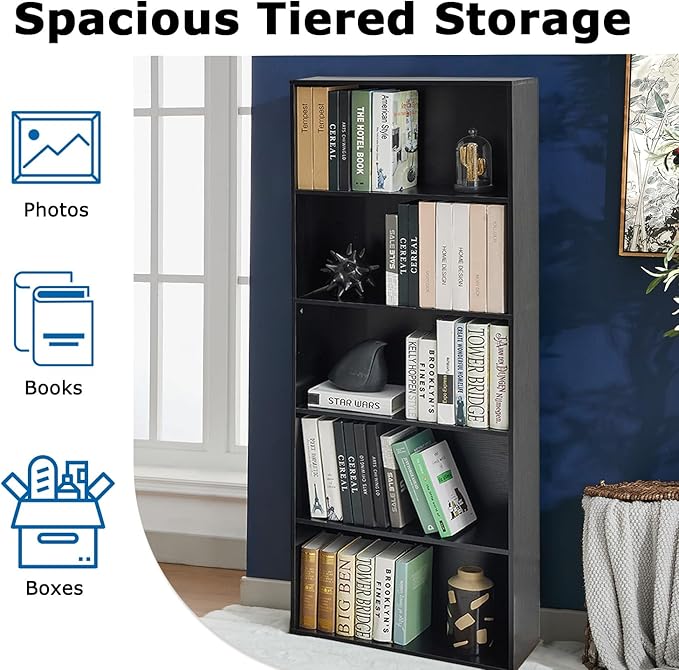 Bookshelves and Bookcases,5-Tier Open Storage Shelf, Floor Standing Display Storage Shelves for Home Office, Living Room, Bedroom, Black