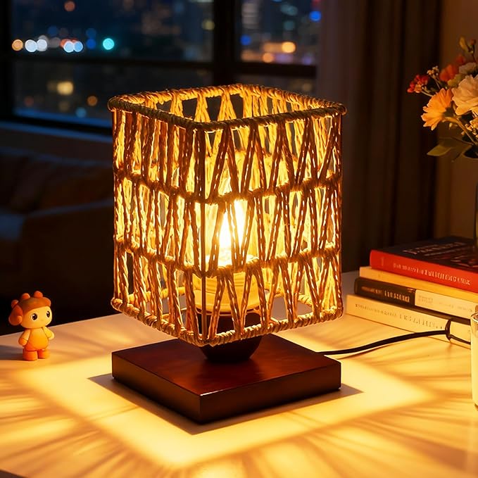 Rattan Table Lamp, Boho Bedside Lamp Vintage Wooden Nightstand Nightlight, Rustic Bamboo Woven End Table Lamps, Handmade Woven Desk Lamp, Christmas Decor for Bedroom, Living, Room Study, Kids Room