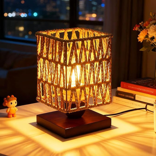 Rattan Table Lamp, Boho Bedside Lamp Vintage Wooden Nightstand Nightlight, Rustic Bamboo Woven End Table Lamps, Handmade Woven Desk Lamp, Christmas Decor for Bedroom, Living, Room Study, Kids Room