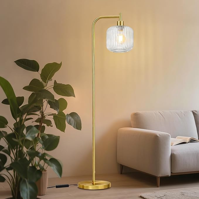 MAYNA Mid Century Modern Floor Lamp, Clear Ribbed Glass Standing Lamp with Built-in Timer Switch, Gold Tall Vintage Lamps for Living Room Bedroom, 2700K LED Bulb Included