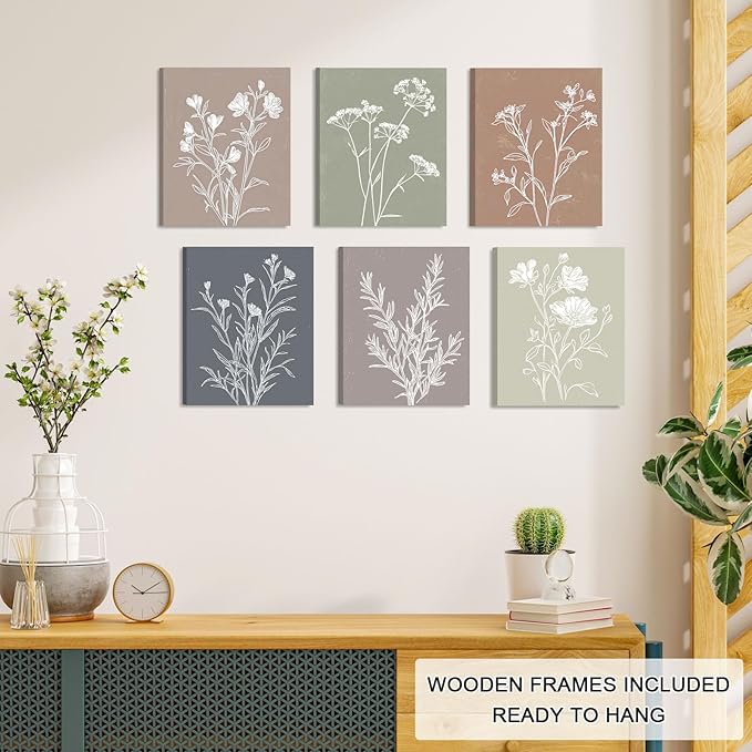Framed Farmhouse Flower Pictures Wall Art, Nature Floral Pictures Wall Decor, Boho Botanical Wall Art for Bedroom Bathroom Kitchen Living Room Home (Framed, 8x10in, Set of 6)