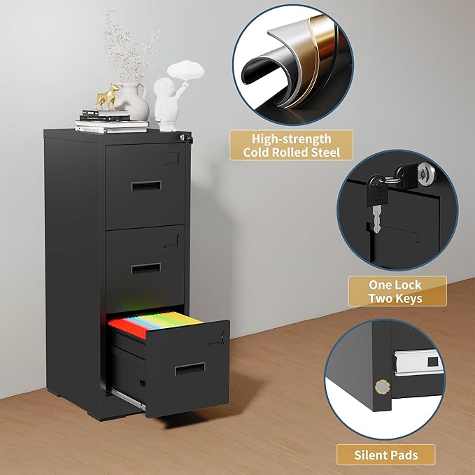 3 Drawer File Cabinet with Lock, Vertical Filing Cabinets for Home Office, Heavy Duty File Cabinet, Metal Storage Cabinets for Letter/Legal/A4/F4 Size Assembly Required, Black