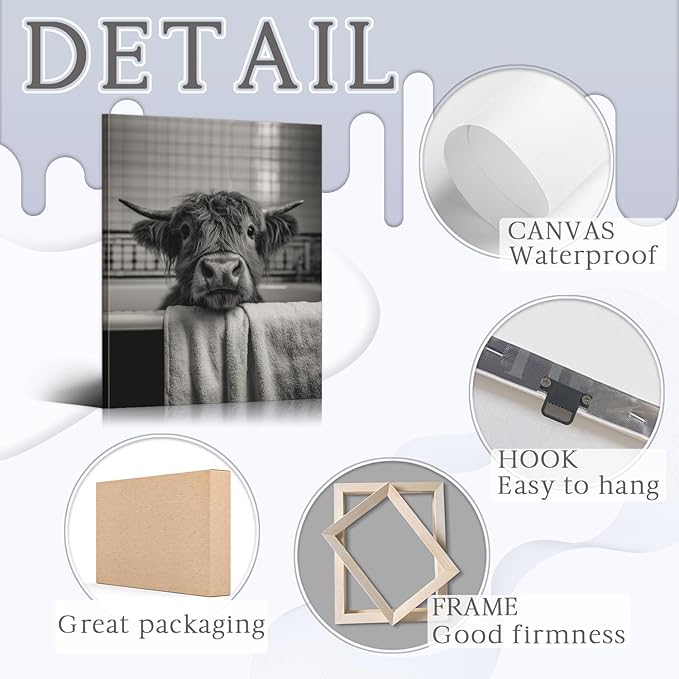 Funny Highland Cow Bathroom Decor Funny Highland Cow Bathroom Wall Art with Wooden Frame, Lightweight Cute Animals in Bathtub Canvas Posters Prints for Restroom Home Decor - 12x15.7 Inches