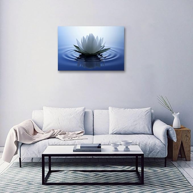 White Lotus Wall Art Canvas Pictures Print Spiritual Meditation Artwork Poster for Yoga Room Bathroom Zen Spa Photo Decor Framed Ready to Hang(16x24inch)