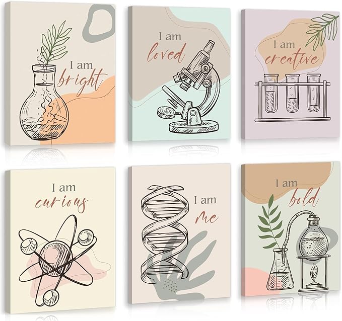 CHDITB Chemical Science Art Print For Classroom, Boho Funny Chemistry Motivational Poster Set Of 6(8x10inch) Middle School Science Explore Canvas Framed Wall Art For Laboratory Lab Library Decor