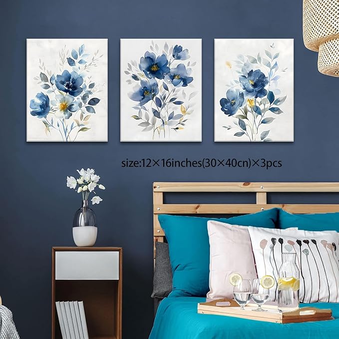 KISSFOX Framed Colorful Wildflower Blue Canvas Wall Art Set Of 3 Flowers Pictures Prints Flowers Printing Floral Watercolors Flower wall Decor Living Room Girls Bedroom Bathroom