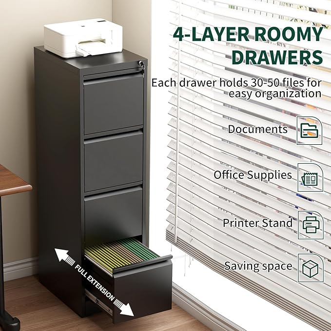 4 Drawer File Cabinet with Lock, Metal Vertical File Cabinets for Home Office, Office Furniture for Organization Hanging Legal/Letter/A4, Office File Cabinet Storage Cabinet, Require Assembly, Black