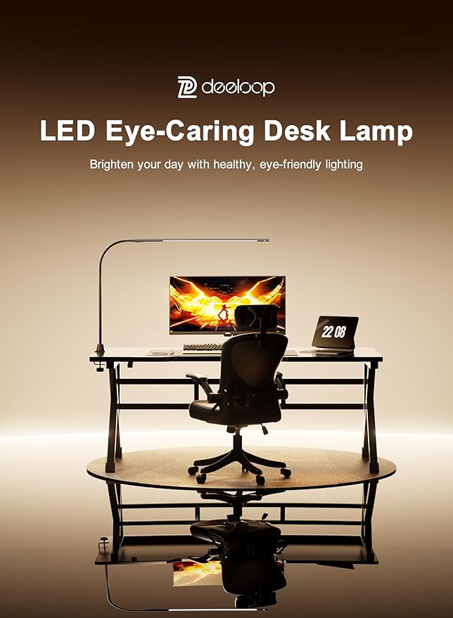 deeloop CRI 95+ LED Desk Light,16 Inches Ultra-Long Bright Desk Lamp, 5 Brightness Dimming 4000K Office Lamp with 360° Head Rotation Clamp Light for Home Office Working Black