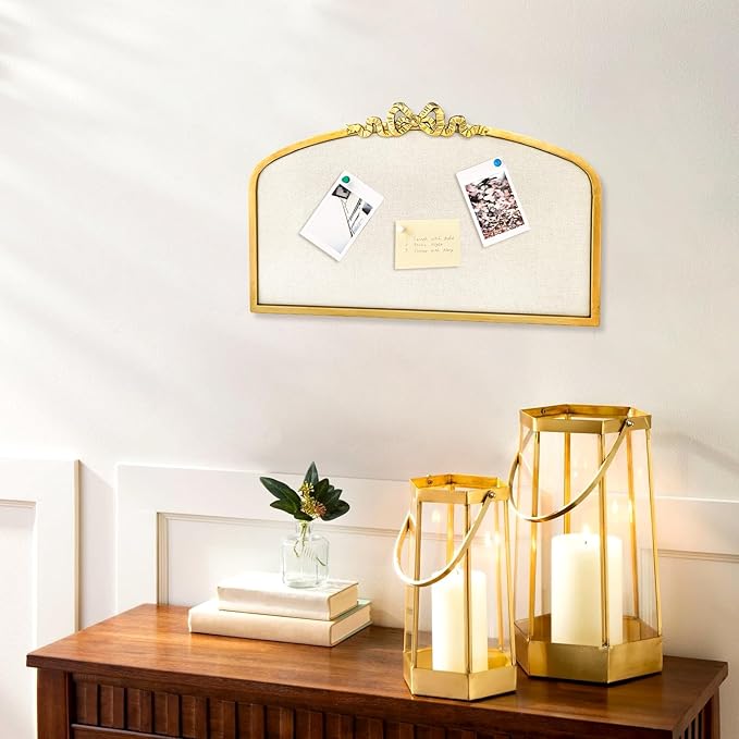 Vintage Arched Linen Cork Bulletin Board with Gold Bow – 24"x 15" Elegant Decorative Pin Board for Walls, Metal Frame Vision Board for Notes, Photos, Inspiration, Chic Home Office Decor for Women