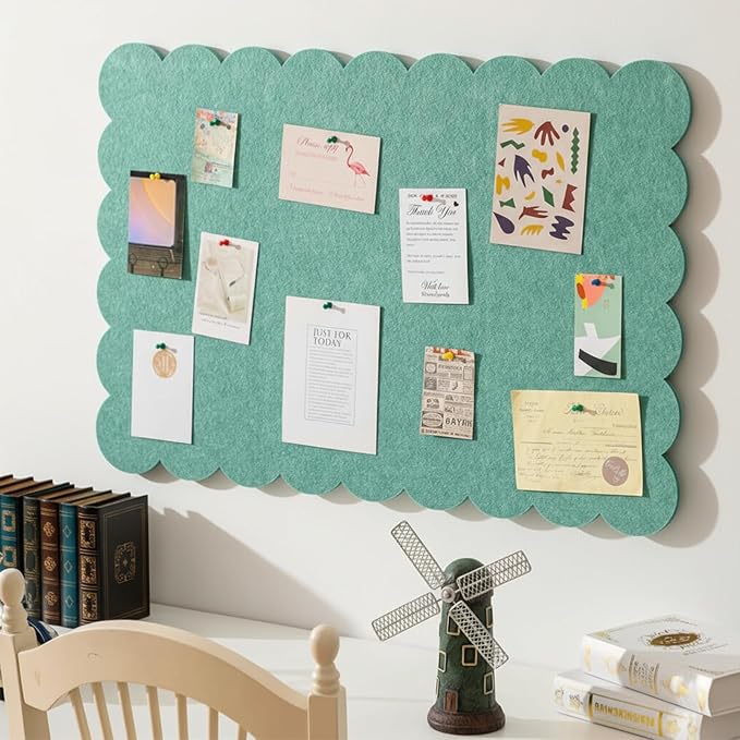 Scalloped Felt Bulletin Board 36 x 24 Inches Foldable Forest Green Pin Cork Board Alternative for Wall, 3' x 2' Trifold Christmas Picture Vision Self Adhesive Bulletin Decorative