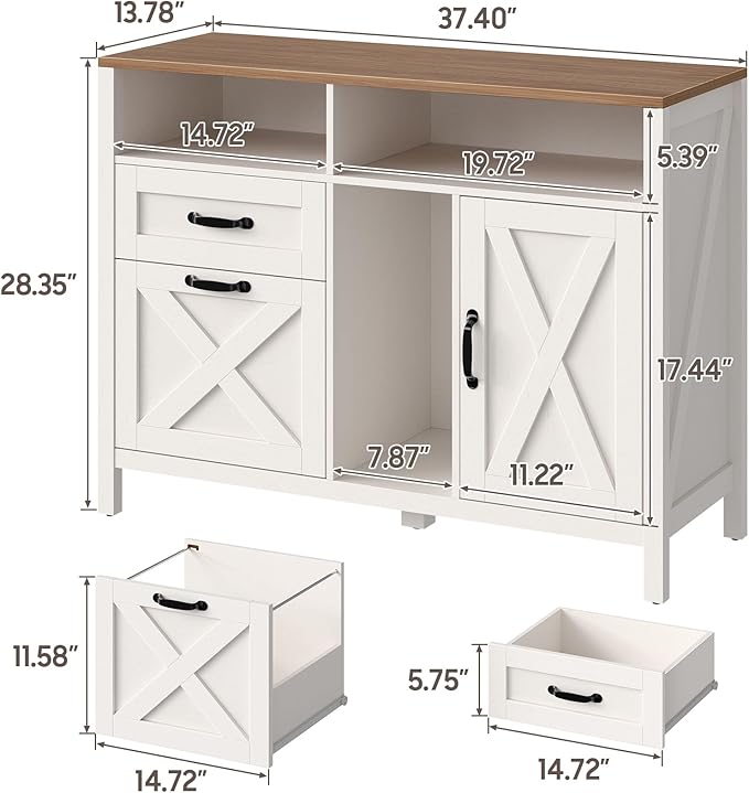 Farmhouse File Cabinet with Doors, Lateral Filing Cabinet with 2 Drawers for Letter/A4 Size Hanging Files, Large Wooden Printer Stand with Open Shelf for Home Office, Rustic White