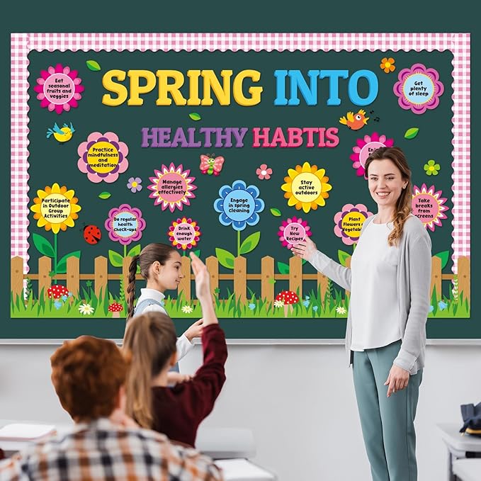 gisgfim Spring Healthy Bulletin Board Set Spring Theme Flowers Classroom Decorations Spring Into Healthy Habits Paper Cutouts for Classroom School Office Home Nursery Chalkboard Door Wall Decor