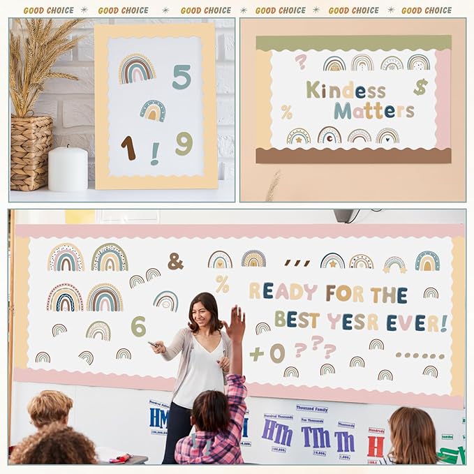 Kosiz Boho Bulletin Board Decoration Set 118 ft Scalloped Bulletin Board Borders Classroom Poster Border Trim with 257 Pcs Letter Number Symbol Cutout for School Decor