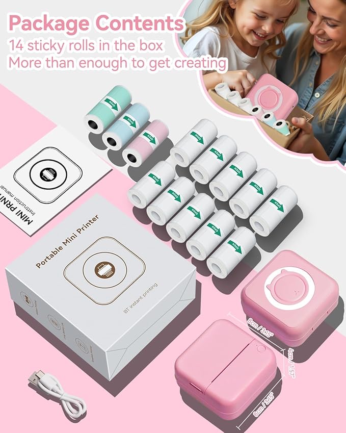 Aptika Sticker Printer - Mini Printer with 14 Rolls Self-Adhesive Papers, Pocket Label Maker for iPhone/Android, Bluetooth Thermal Machine for Students Children Birthday, Pink