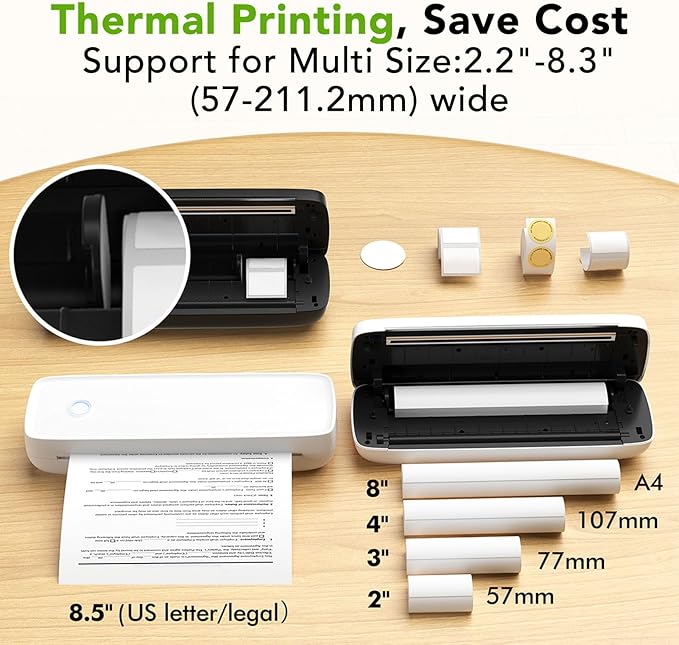 ZJchao Portable Thermal Printer, A80 Small Printers Cordless for Travel Support A4 203dpi Bluetooth Thermal Printer with 1 Roll of Thermal Paper Inkless Printer for Home Office
