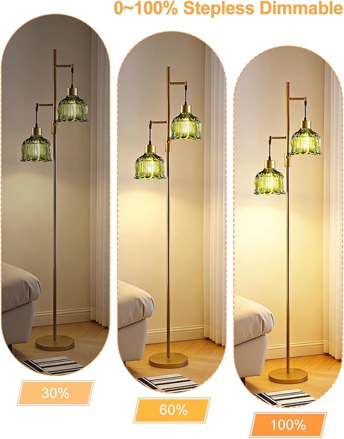 Lightdot 2- Light Gold Flower Floor Lamp, 65IN Green Glass Floor Lamps with 3000K Warm White Bulbs, Modern Standing Tall Lamp for Living Room Bedroom Home Office Corner Sofa Beside