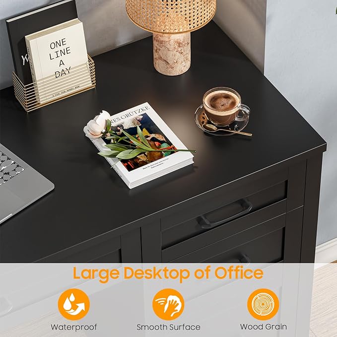 Farmhouse 47" Executive Desk, Computer Desk with File Drawer and Charging Station, Workstation for Home Office, Study.（Pure Black）