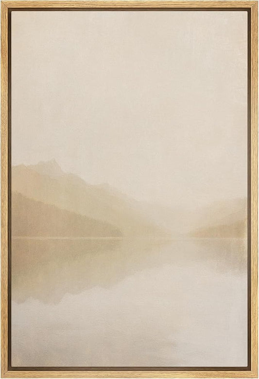 SIGNWIN Framed Canvas Print Wall Art Soft Misty Mountain Lake Neutral Landscape Illustrations Modern Decorative for Living Room, Bedroom, Office - 16"x24" NATURAL