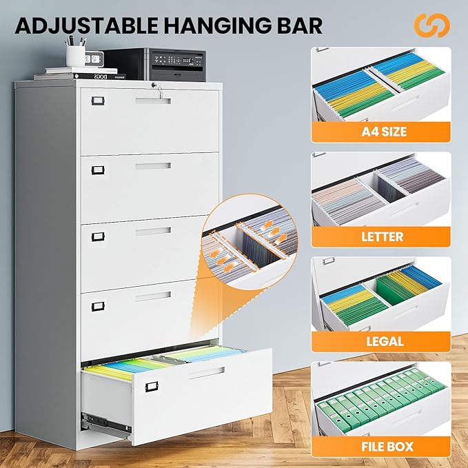 5 Drawer Lateral File Cabinet with Lock, Metal Filing Cabinets for Home Office, Wide Locking File Caninets, White Office Storage Cabnet for Hanging Letter/Legal / A4 / F4 - Assembly Required