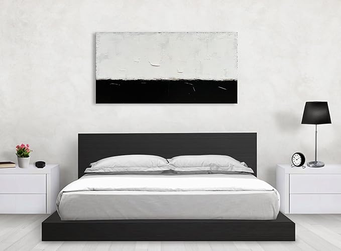 NANKAI Art Hand-painted Minimalist style oil painting, abstract black and white art, 24x48 inches. Contemporary home office wall decoration painting