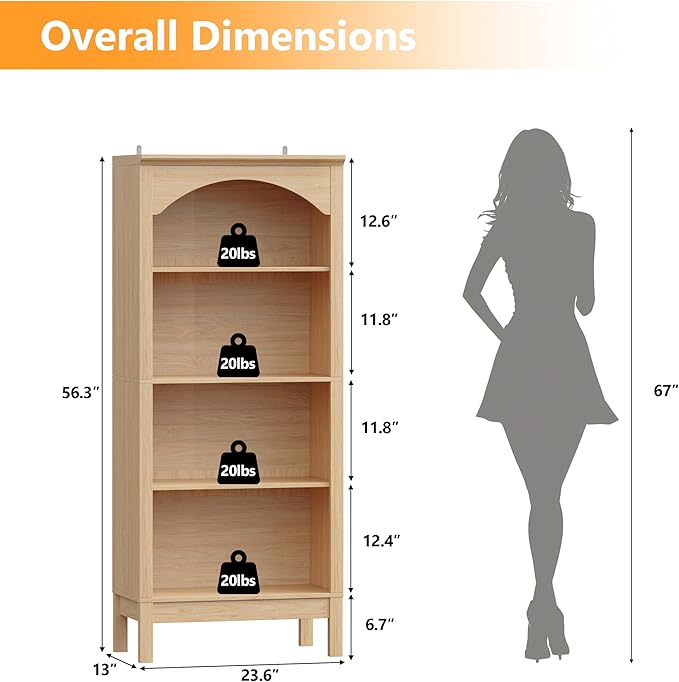 Arched Bookshelf with 4 Tier Open Shelves, 56" Tall Wood Bookcase with Adjustable Shelves, 24" Wide Floor Standing Display Storage Shelf for Home Office, Kitchen, Study and Living Room, Natural Oak