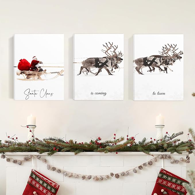 Framed Christmas Wall Art Set of 3,Santa Claus with Sleigh Canvas Art Prints,Christmas Wall Decor Living Room,Vintage Christmas Decor Santa Claus is Coming to Town Winter Wall Art Xmas Sign for Home Bedroom Bathroom Decoration,12"x16"