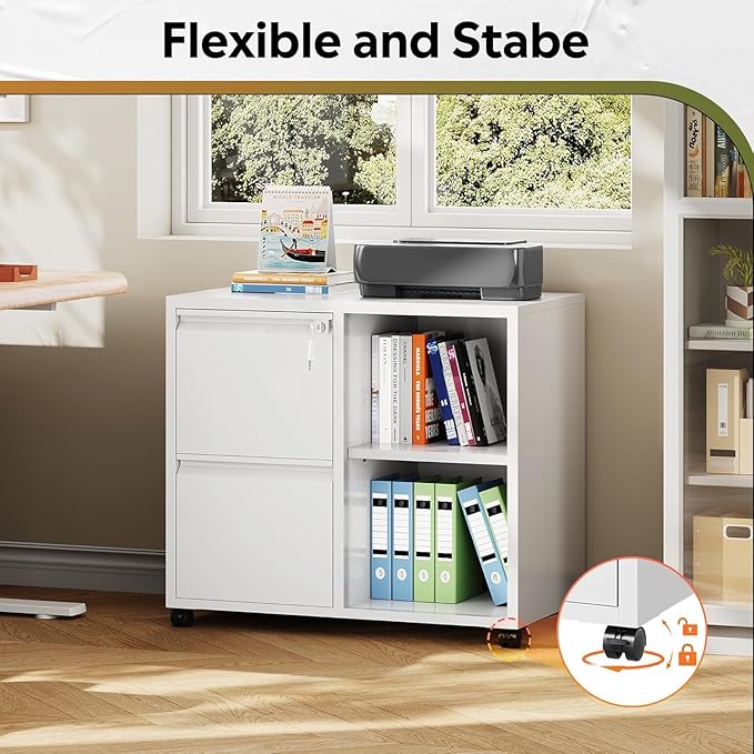 DEVAISE Lateral File Cabinet, 2 Drawer Filing Cabinets with Lock & Wheels Fits Letter/A4 Size for Home Office, Printer Stand with Adjustable Shelf (Metal, White)