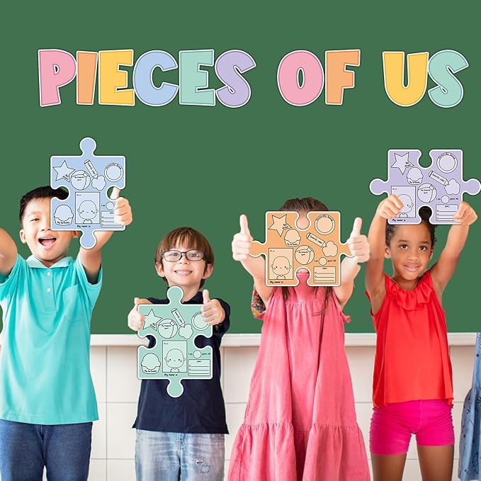 Pieces of Us Bulletin Board Set Puzzle Self-introduction Themed Classroom Bulletin Board Decorations All About Me Cutouts Classroom Decorations for Back to School Office Home Chalkboard Decor W