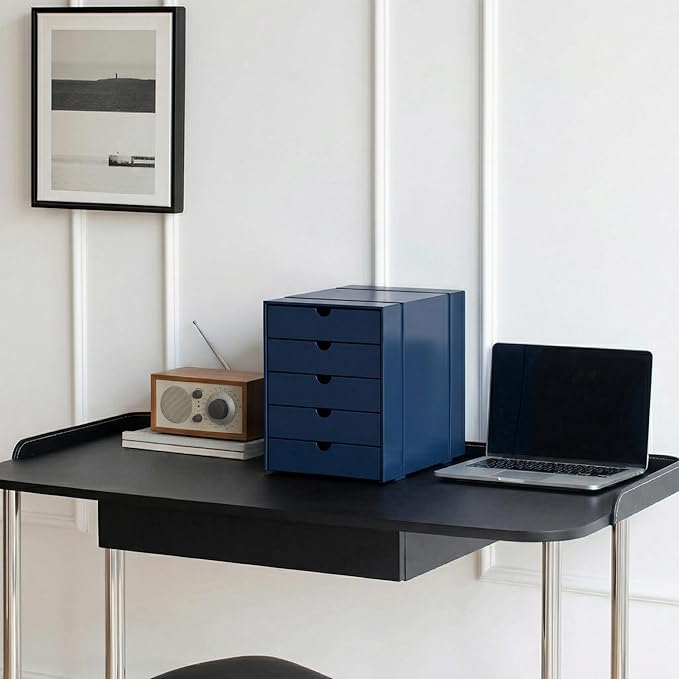 Modern Steel 5-Drawer File Cabinet For Desk, Document Storage Box, Office Desktop Filing Organizer, Drawer Organizer, desk caddy (Navy Blue)